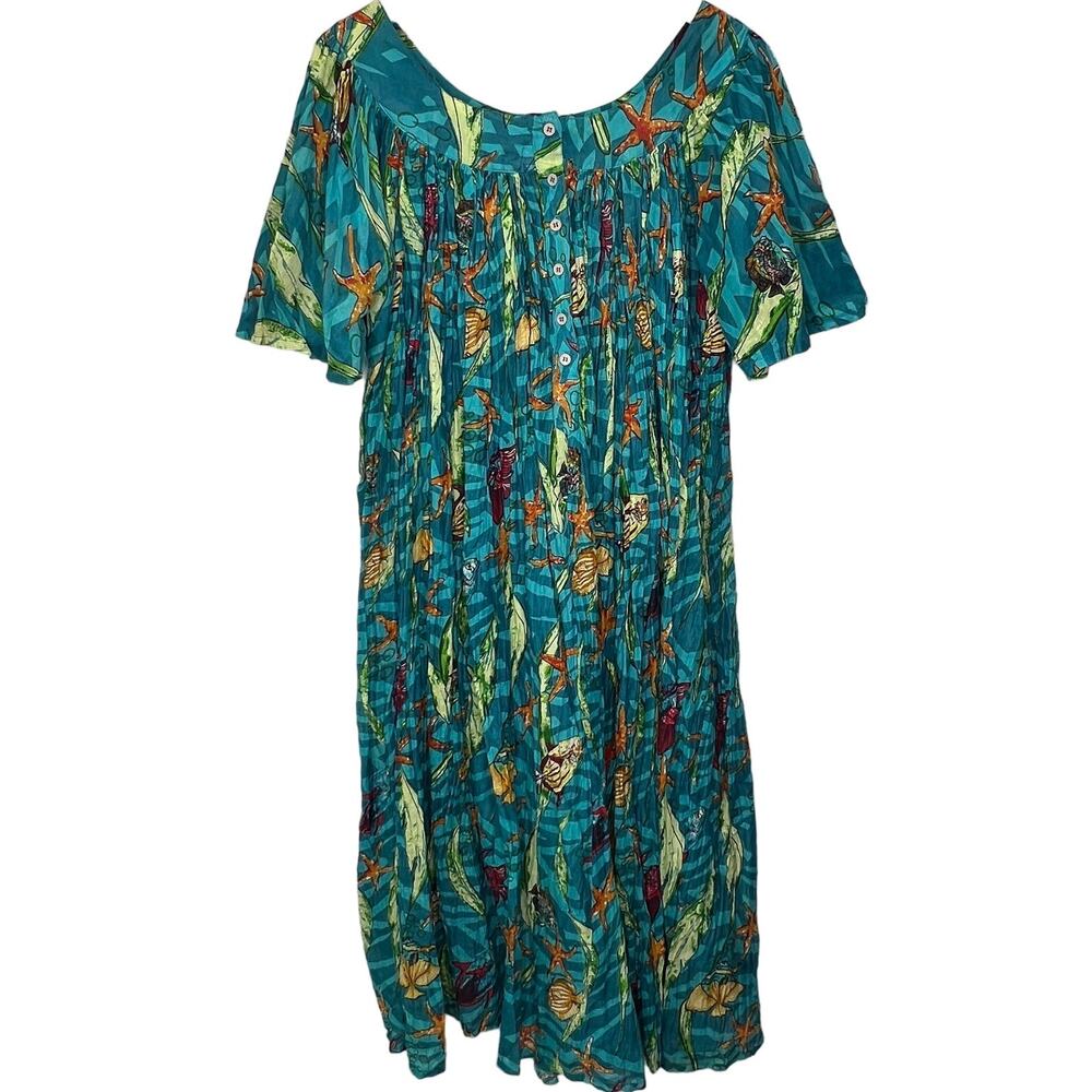 Vintage 90s Sita Muu Muu Dress Size S Turquoise Blue Ocean Starfish Short Sleeve